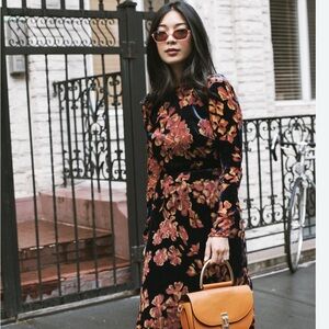 SALONI Tina Boat-neck Open Back Velvet Floral Midi Dress